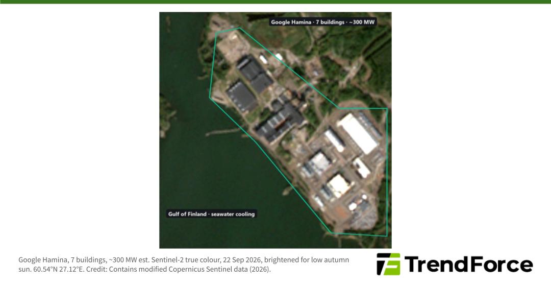 Google Hamina, 7 buildings, ~300 MW est. Sentinel-2 true colour, 22 Sep 2026, brightened for low autumn sun. 60.54°N 27.12°E. By TrendForce