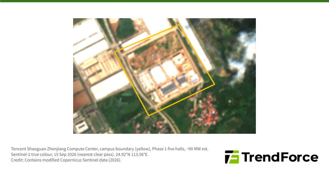 Tencent Shaoguan Zhenjiang Compute Center, campus boundary (yellow), Phase 1 five halls, ~90 MW est. Sentinel-2 true colour, 15 Sep 2026 (nearest clear pass). 24.92°N 113.56°E. By TrendForce